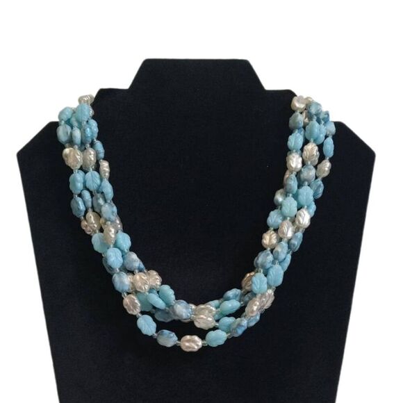 Vintage Light Blue & Silver Leaf Shaped Beads Multi Strand Choker Style Necklace - Picture 1 of 10